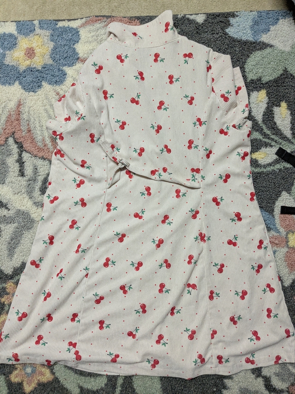 Cherry Print Ribbed Dress- Cream with Red Cherries - Picture 2 of 3